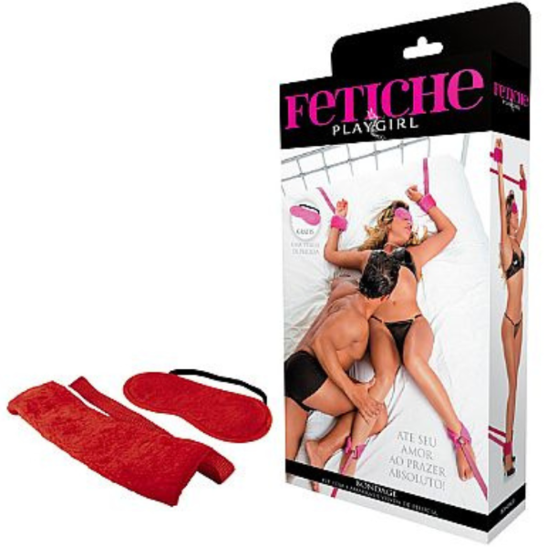 Bondage - Kit com 4 amarras e venda de pélucia - Vermelho - Sexshop