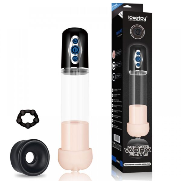 Bomba Peniana Recarregável com 5 Modos de Sucção e Anel Formato Vagina - LOVETOY MAXIMIZER WORX ELITE - Sexshop