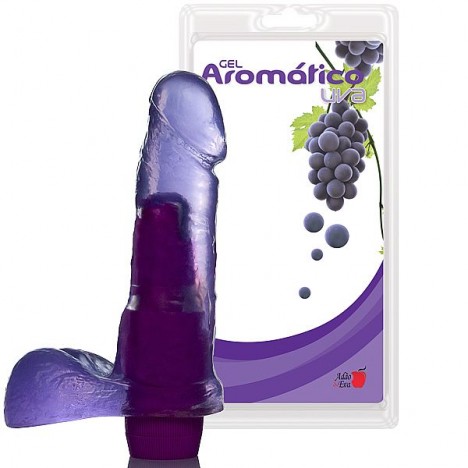 Pênis Realístico Prótese com Escroto Gel Aroma Uva - 16,5x4 cm com vibrador - Sexshop