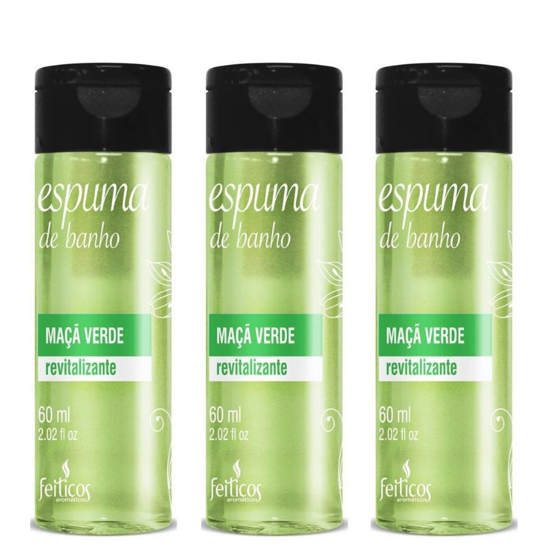 Kit 03 Espuma de Banho Maça Verde Revitalizante 60ml Feitiços - Sexshop