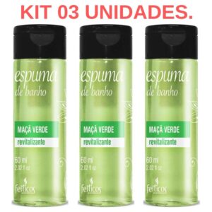 Kit 03 Espuma de Banho Maça Verde Revitalizante 60ml Feitiços - Sexshop