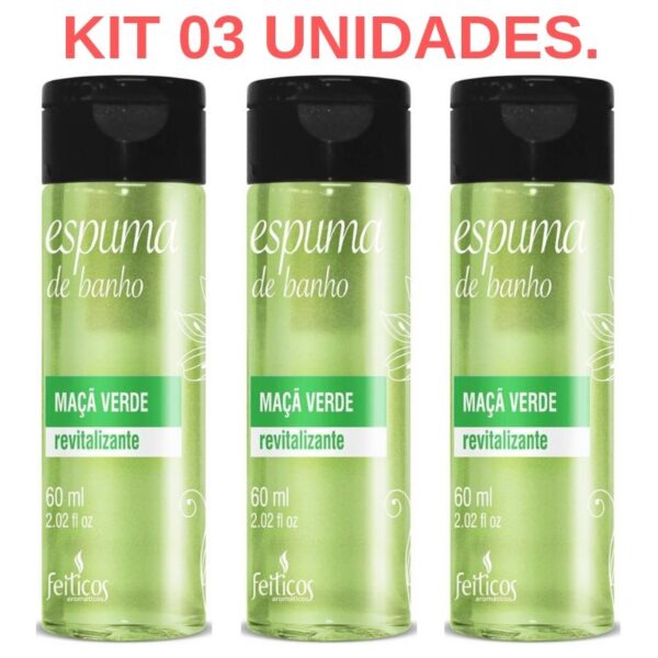 Kit 03 Espuma de Banho Maça Verde Revitalizante 60ml Feitiços - Sexshop