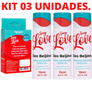 Kit 03 Gel Comestível Spicy Love Ice MORANGO 15ml Pessini - Sexshop