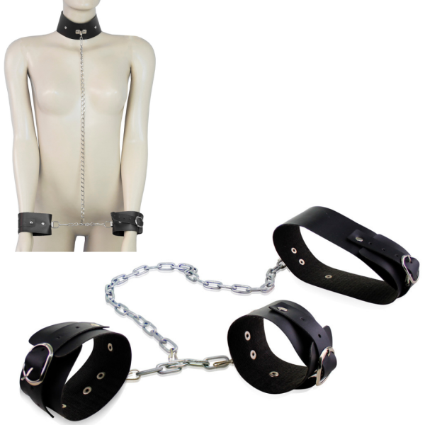 Coleira com Algemas em Couro - Sexshop