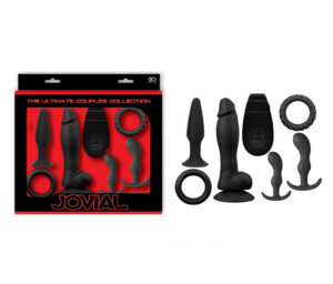 Kit Jovial 7 em silicone Black, com 2 anéis, 3 Plugs e Vibrador - Sex shop