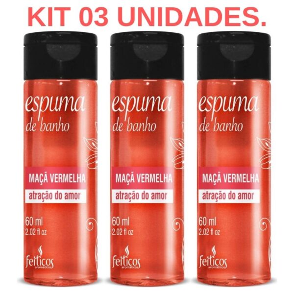 Kit 03 Espumas de Banho Maçã Vermelha Atração do Amor 60ml Feitiços - Sexshop