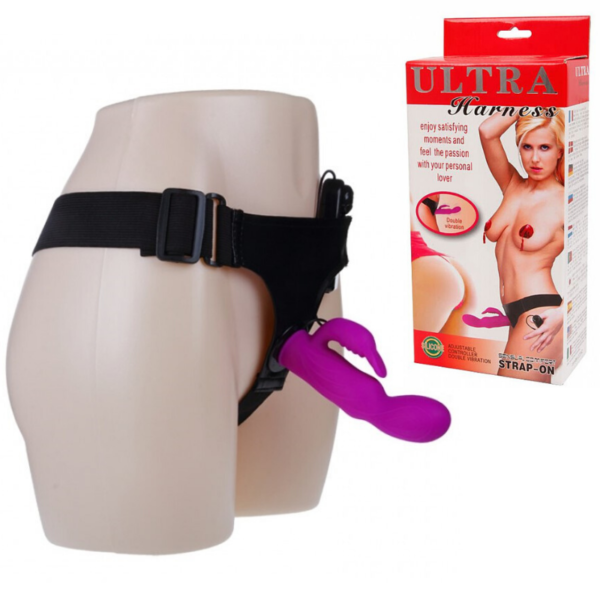 Cinta peniana com penetrador em silicone e estimulador clitoriano - Sexshop