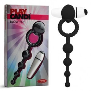 Anel peniano com cordão de bolas anais e cápsula vibratória - BLOW POP - PLAY CANDI - Sexshop