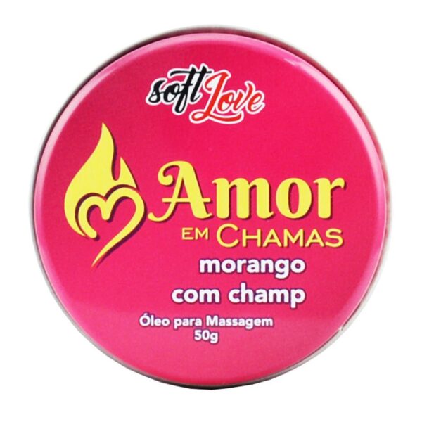 Amor em Chamas Vela MORANGO COM CHAMPANHE Hot Beijável 50g Soft Love - Sex shop