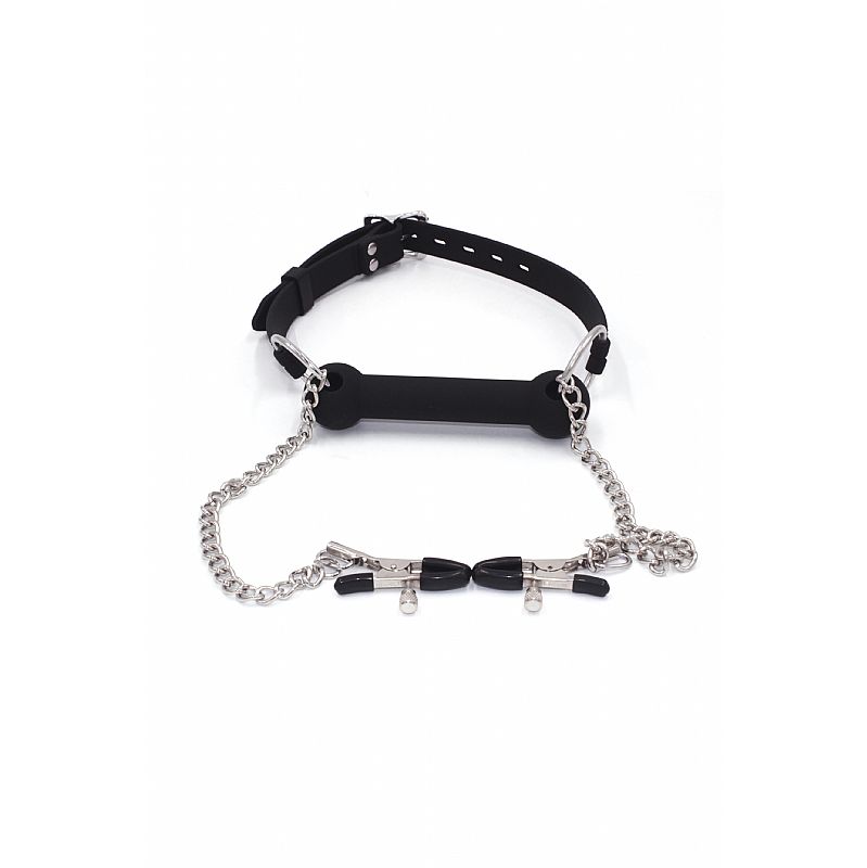 Mordaça Silicone com Grampos de Mamilo - Sex shop