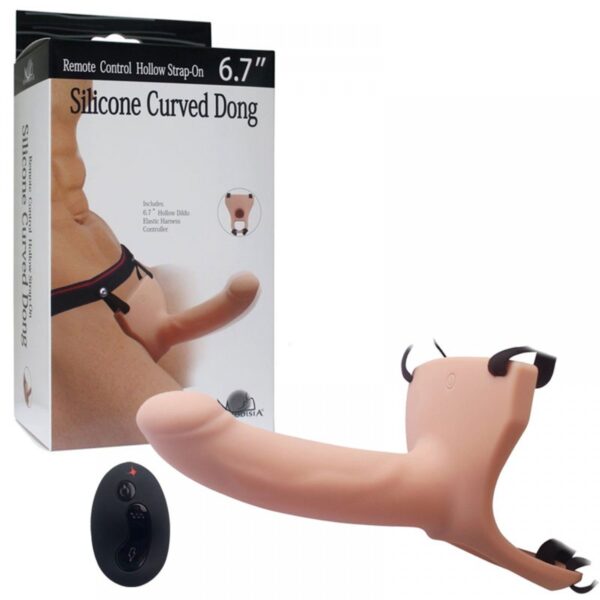 Cinta Peniana Oca Recarregável com Controle Wireless 5 Modos de Vibração - HOLLOW STRAP-ON SILICONE CURVED DONG - Sexy shop