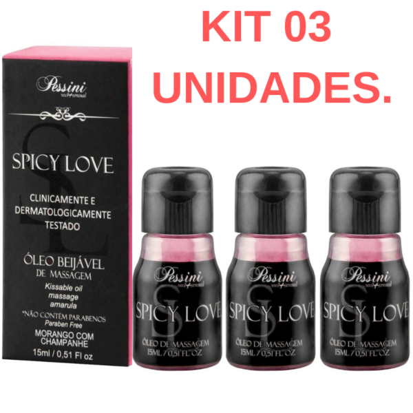 Kit 03 Gel Corporal de Morango com Champanhe Spicy Love Pessini 15ml - Sexshop