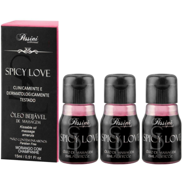 Kit 03 Gel Corporal de Morango com Champanhe Spicy Love Pessini 15ml - Sexshop