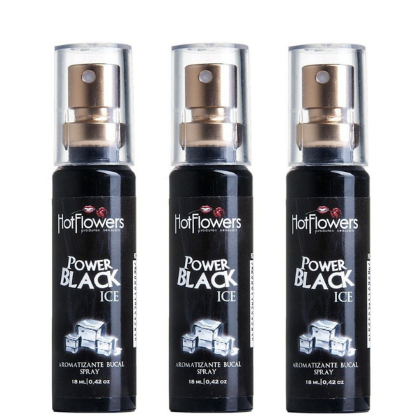 Kit 03 Aromatizante Bucal Power Black Ice Spray 18ml Hot Flowers - Sexshop