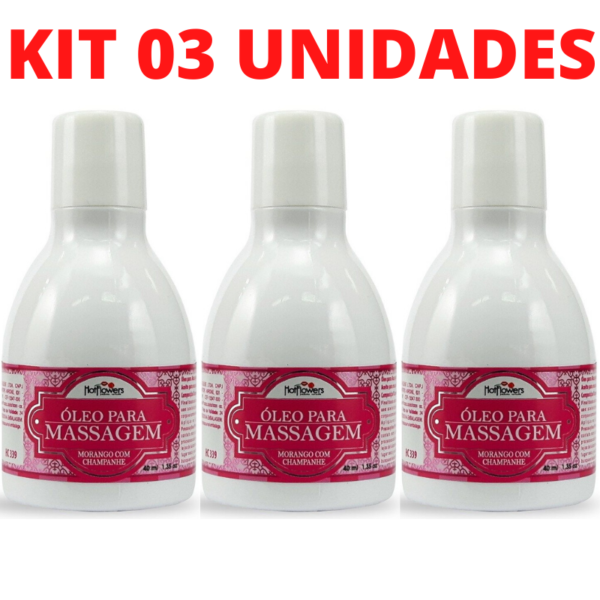 Kit 03 Óleo para Massagem Morango com Champanhe Beijável 40ml Hot Flowers - Sex shop