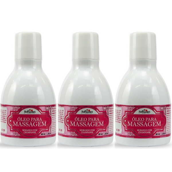 Kit 03 Óleo para Massagem Morango com Champanhe Beijável 40ml Hot Flowers - Sex shop