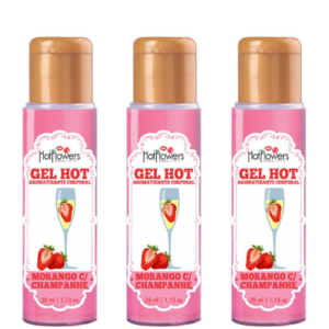 Kit 03 Gel Quente Aromatizante Morango com Champanhe 35ml Hot Flowers - Sexshop