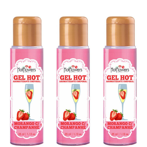Kit 03 Gel Quente Aromatizante Morango com Champanhe 35ml Hot Flowers - Sexshop