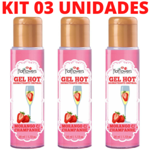 Kit 03 Gel Quente Aromatizante Morango com Champanhe 35ml Hot Flowers - Sexshop
