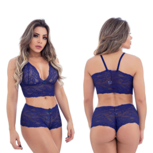 Conjunto Caleçon Em Renda Azul Marinho Sem Bojo Miss Collection