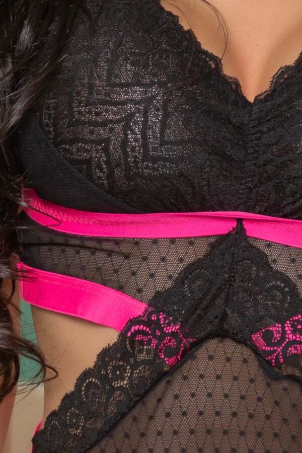 Body Preto e Pink em Tule e Renda com Elástico e Perola - Garota Veneno