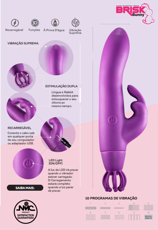 Vibrador Brisk Bunny com Tentáculos Vibrantes Recarregável, em Silicone 21,6cm - Sex shop