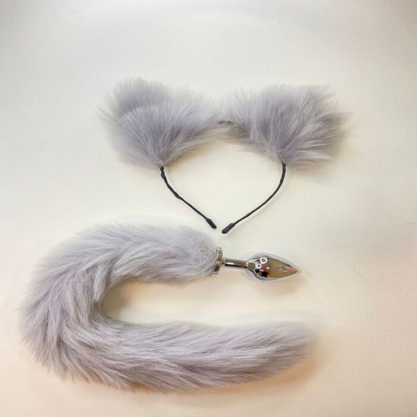 Kit Orelhas de Pelúcia Com Plug Anal Calda Raposa Cinza Claro
