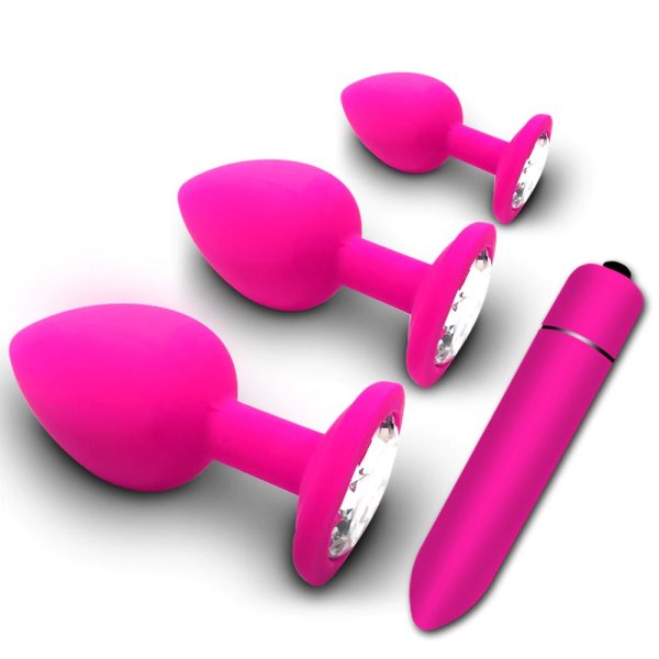 Kit Plug Anal em Silicone Com 3 Tamanhos Diferentes + Capsula Vibratória Rosa
