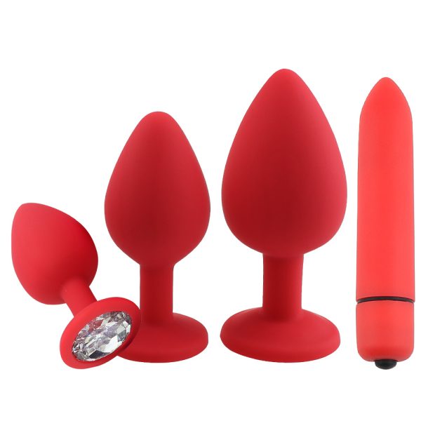 Kit Plug Anal em Silicone Com 3 Tamanhos Diferentes + Capsula Vibratória Vermelho