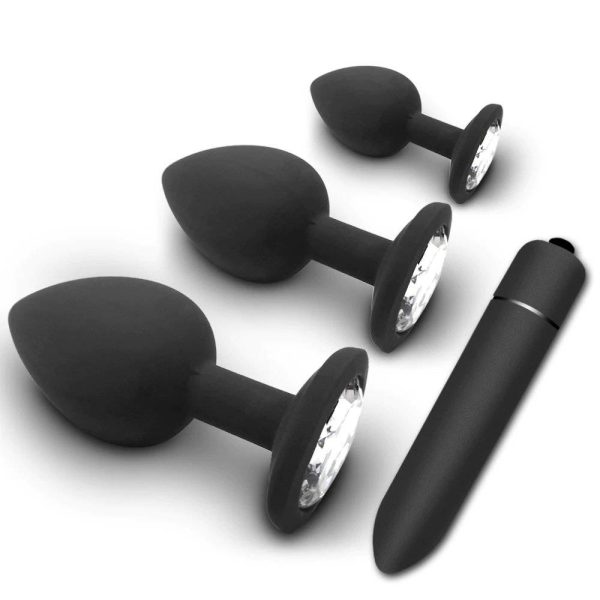 Kit Plug Anal em Silicone Com 3 Tamanhos Diferentes + Capsula Vibratória Preto