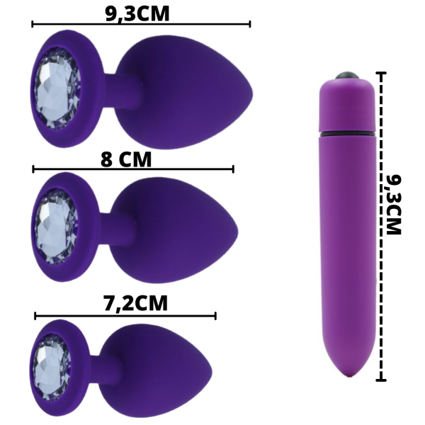 Kit Plug Anal em Silicone Com 3 Tamanhos Diferentes + Capsula Vibratória Roxo - Image 2