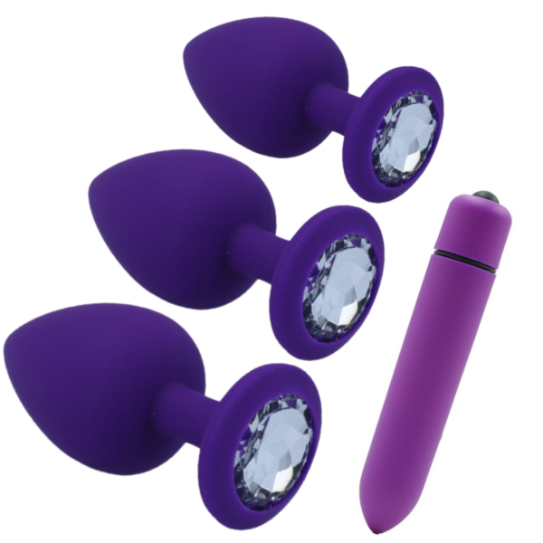 Kit Plug Anal em Silicone Com 3 Tamanhos Diferentes + Capsula Vibratória Roxo