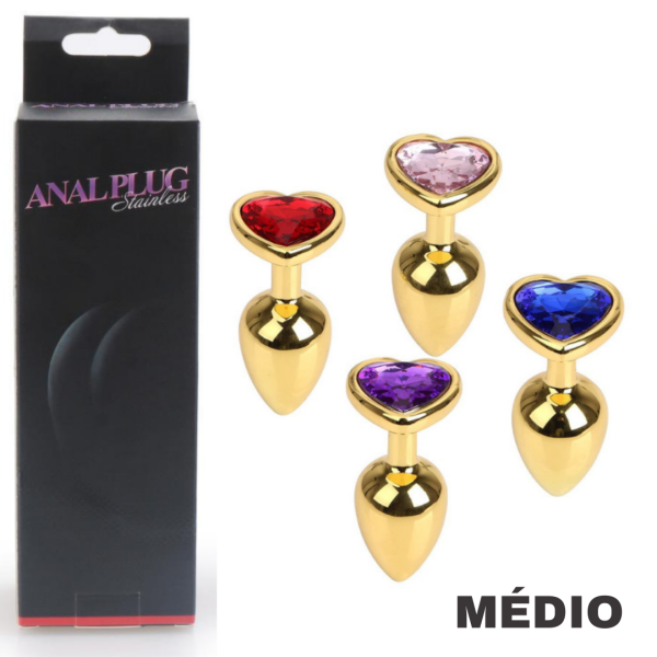 Plug Anal Coração Dourado em Aço Inox Com Cristal Médio – Steal Butt Plug
