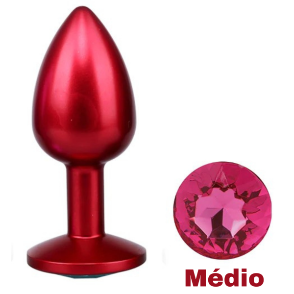 Plug Anal Vermelho Metalizado em Aço Inoxidável Com Joia Médio