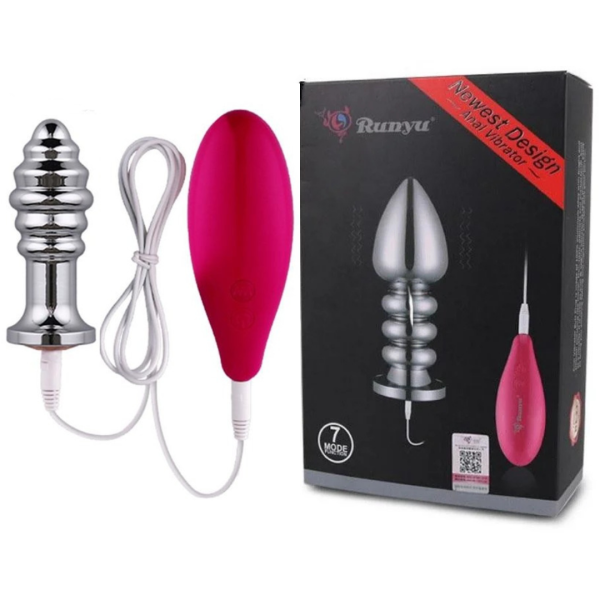 Plug Anal Em Aço Inoxidável Ondulado Com Vibrador e Joia Na Base