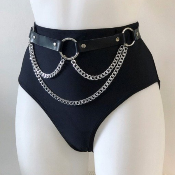 Cinto Arreio Harness Em Couro Vermelho Com Argolas e Correntes - Image 5