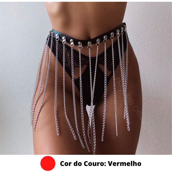 Cinto Arreio Sexy Para Cintura Com Couro Vermelho e Correntes Harness Sado