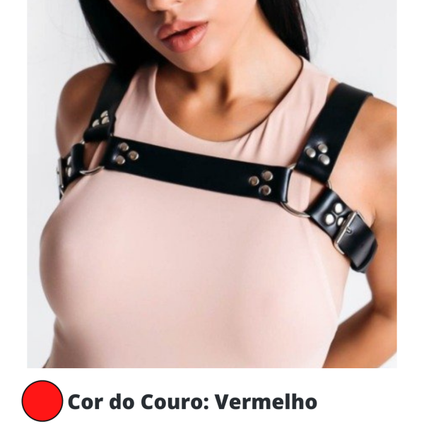 Arreio Arnês Feminino em Couro Vermelho com Detalhes em Metais