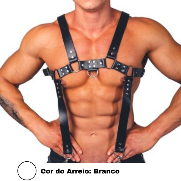 Arreio Cinta Harness Peitoral Com Suspensório Em Couro Branco