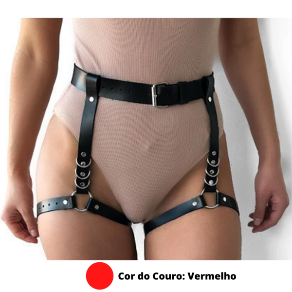 Arreio Cinturão Com Perneira Feminino Em Couro Vermelho Harness Sexy
