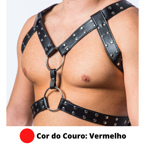 Arreio Harness Em Couro Vermelho Masculino Detalhes em Metais