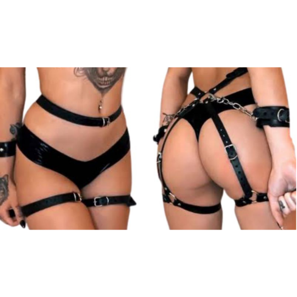Arreio Harness Lingerie BDSM em Couro Preto Com Algemas Laterais - Image 6