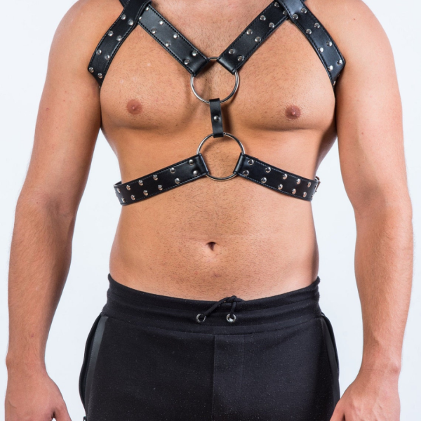 Arreio Harness Em Couro Vermelho Masculino Detalhes em Metais - Image 2