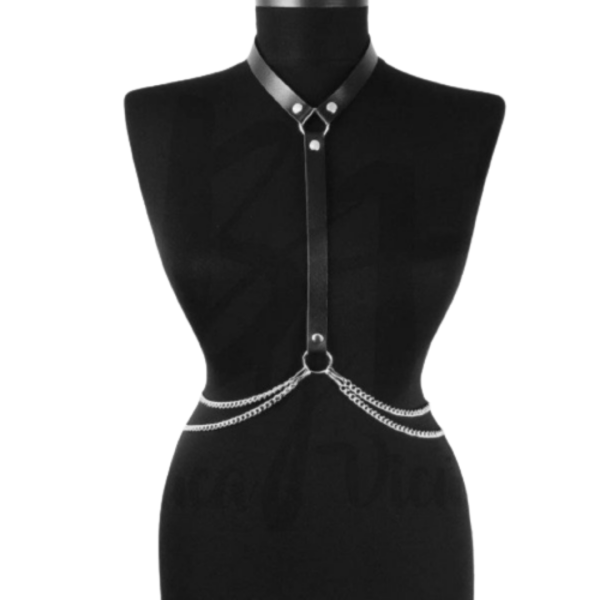 Colar Com Arreio Harness Couro Preto Com Cinto de Corrente Fetiche