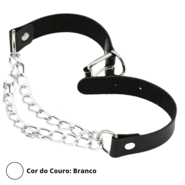 Colar Masculino Erótico Com Correntes Couro Branco e Ajuste