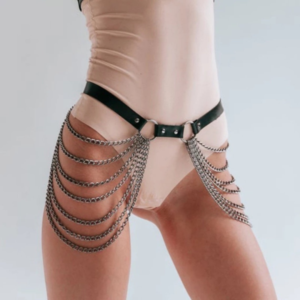 Cinto Arreio Sexy em Couro Branco Com Correntes Harness BDSM - Image 2
