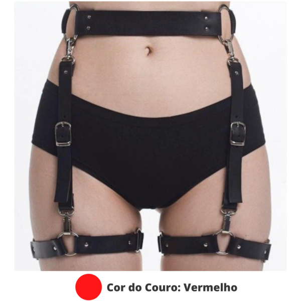 Cinto Arreio Harness Em Couro Vermelho Com Perneiras e Regulagem Fetiche