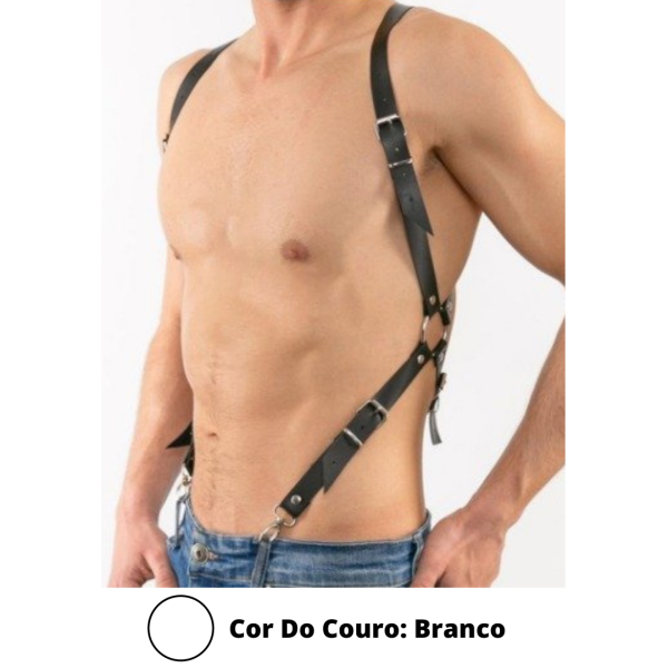 Arreio Arnês Sexy Suspensório Masculino Em Couro Branco