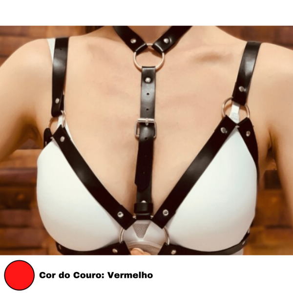 Sutiã Arreio Em Couro Vermelho Sexy Lingerie Feminina Arnês e Metais
