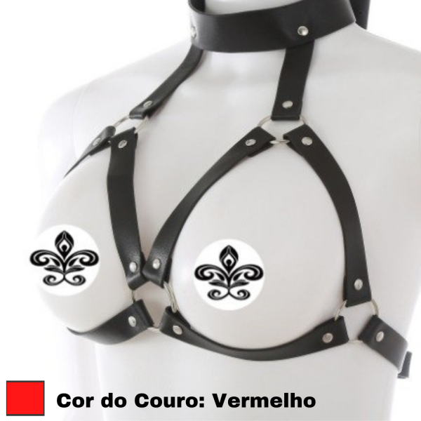 Arreio Feminino em Couro Vermelho Com Colar Sutiã Fetiche Sexy